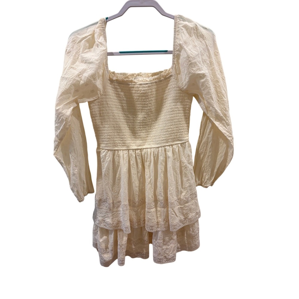 Altard State Cream Lace Tiered Smocked Mini Dress Long Sleeve Ivory Boho Large